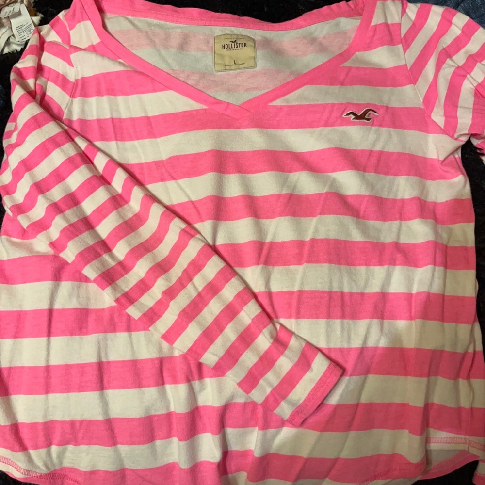 Hollister pink stripe long sleeve v neck shirt